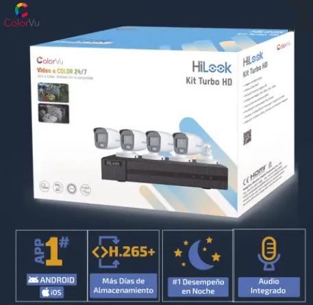 Paquete 3, Kit 4 cámaras tipo bala HiLook 1080p a color 24/7 audio integrado,Instalación básica